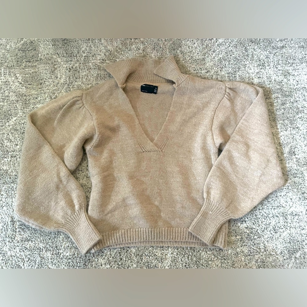 Asos designs tan balloon sleeves collared v neck sweater